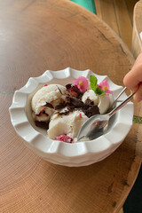 ice cream and berry ice cream with chocolate on a white plate