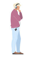 Light haired man listening to music in headphones semi flat color vector character. Standing figure. Full body person on white. Simple cartoon style illustration for web graphic design and animation