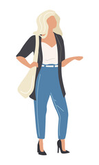 Light haired woman wearing jeans and heels semi flat color vector character. Standing figure. Full body person on white. Simple cartoon style illustration for web graphic design and animation