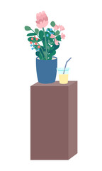 Wooden bedside with flowers and juice above semi flat color vector object. Full sized item on white. Vase with bouquet and drink simple cartoon style illustration for web graphic design and animation