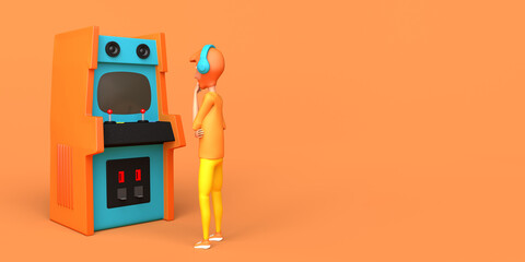 Young man looking at retro arcade game machine. Arcade room. Copy space. Gaming concept. 3D illustration.