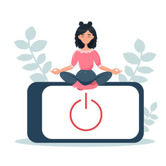 Digital detox concept. A happy woman meditates in the lotus position. Informational detoxification and meditation. Rejection of gadgets, devices, the Internet, communication in social networks