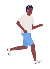 Athletic man wearing headphones semi flat color vector character. Running figure. Full body person on white. Sportsperson simple cartoon style illustration for web graphic design and animation
