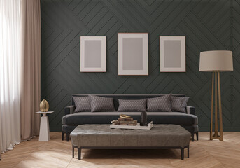 living room with a green decorative panel, soft sofa, pouffe, floor lamp, paintings on the wall. 3d render