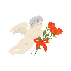 Cute baby angel with bouquet of red roses. Vector illustration with renaissance antique cupid on isolated background. 