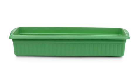 Front view of empty green plastic seedling tray