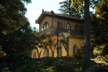 Vertical shot of Chalet of the Countess of Edla in Estrada da Pena, Sintra, Lisbon, Portugal