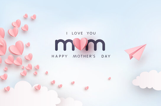 Mother's day postcard with paper flying elements and plane on blue sky background. Vector pink symbols of love in shape of heart, airplane for mum greeting card design