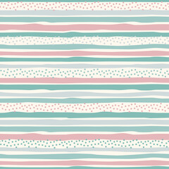 Seamless feminine pattern with hand drawn multicolored wavy stripes with ragged edges and tiny spots for surface design and other design projects