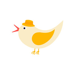 A yellow bird in a hat. Vector stock illustration. A cute children's nightingale. Isolated on a white background.