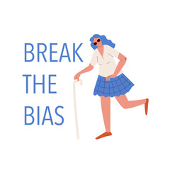 Break the bias. Beautiful woman in sunglasses and a white cane. Vector illustration of a concept against discrimination against disabled women.