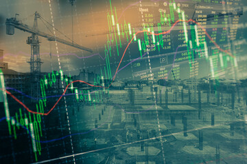 Financial investment concept, Double exposure of city night and stack of coins for finance investor, Forex trading candlestick chart, Cryptocurrency Digital economy. background for invest