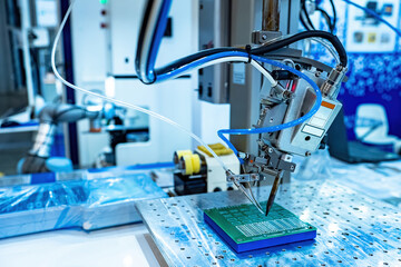 Production of digital boards. PPC creating printed circuit board. PCB technology. Automatic equipment for production of printed circuit boards. Drawing tracks on computer chips. PCB production.