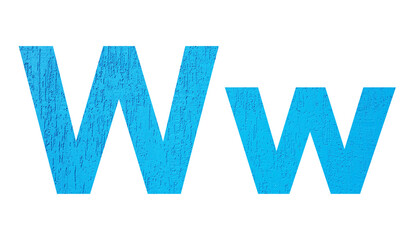 Alphabet uppercase and lowercase letters W with wall texture. Blue letter W in upper and lower case isolated on white background..