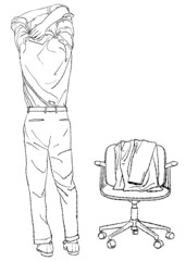 椅子にスーツの上着を掛けて立ち、ストレッチをする男性の後ろ姿の手描きイラスト（線画のみ）