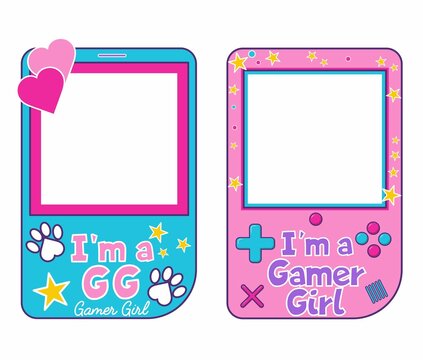 Gamer photo booth props set. Flat style gamer girl illustration with gameboy handheld game console