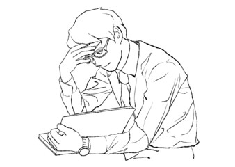 集中して本（書類・手帳）を読む男性の水彩手描きイラスト（笑顔バージョン・線画）