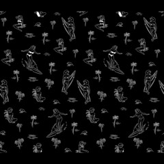 Naklejka premium Illustration pattern pinup with palms and black background retro surf design