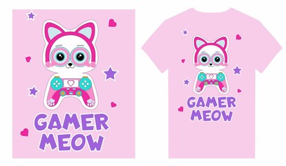Gamer Girl T shirt design template vector illustration with cute cat