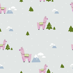 Fototapeta na wymiar Cute lama cartoon character, mountains, trees and clouds seamless childish pattern. Vector background. Pink alpaca character with mountain view nursery kids background