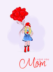 I love you mom. Happy Mother's Day greeting card. Little girl with red heart balloons. Birthday card for mommy