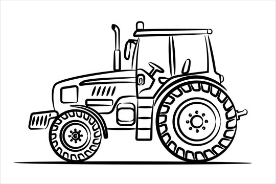 Fototapeta A hand drawn line art of a tractor. Outline agrimotor, side view.  Modern flat raster illustration. Side view of modern farm tractor