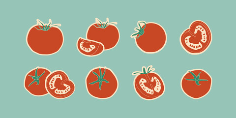 Big set of red tomatoes on blue background. Tomato cut in half, a quarter piece and seeds. Diet healthy vegetarian food. Vector retro illustration for menu design, poster, postcard, print.