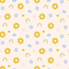 Fotobehang Bloemenmotief Retro gele glimlachende bloem, wolk, regenboog naadloos patroon. Glimlachende positieve bloemenpictogramtextuur helemaal over druk.