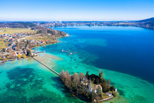 Drone photography. Litzlberg Castle is located on a small island in the Attersee in Seewalchen near the capital city Salzburg. Salzkammergut, Upper Austria.