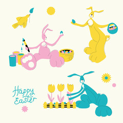 Set of vector illustrations with Easter bunnies