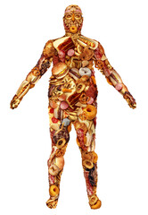 Human body made of junk food as a nutrition and dietary health problem concept as an obese person or obesity and diabetes symbol as a huge group of unhealthy fast food and snacks. - obrazy, fototapety, plakaty
