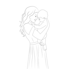 Mom and baby. Mom holds her son in her arms. Sketch. Vector illustration isolated on white background