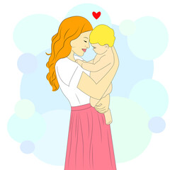 Mom and child. Mom holds her son in her arms. Mom hugs the child. Vector illustration
