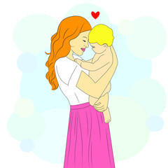 Mom and child. Mom holds her son in her arms. Mom hugs the child. Vector illustration