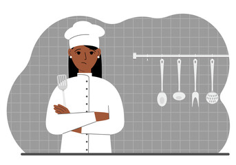 Sad cook woman holds a kitchen spatula in his hand. Vector