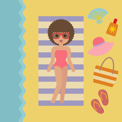 Young woman sunbathing on the beach. Flat design. Vector illustration
