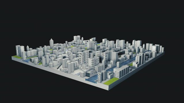 Miniature city model rotates on plate in seamless loop. Downtown building, simulation, 3d rendering