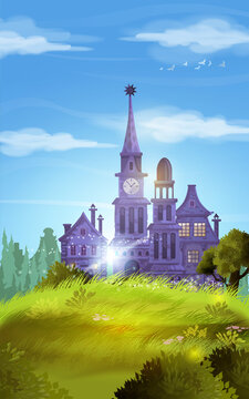 Vector illustration background of the realistic summer landscape. Hill landscape with Town hall, castle,chapel, beautiful houses, grass and little flovers. Summer scenery with green grass and blue sky