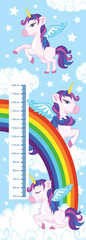 Hand drawn  with cute unicorns, stars and planet. Wallpaper on dark blue background. Perfect for or nursery decor.children's height meter with cute unicorns
