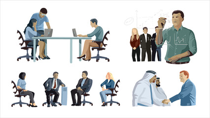 Bussiness people group meeting set on white background. Discussion, negotiation, discussion, business partnership, team, everyday business life. Flat cartoon colorful illustration. Isolate