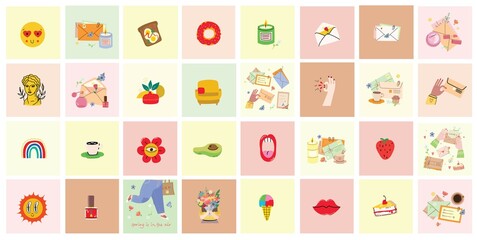 Hand drawn Vector set of Modern woman Lifestyle. Work and sport, fashion, spa, hobby, shopping concept. Various isolated icons