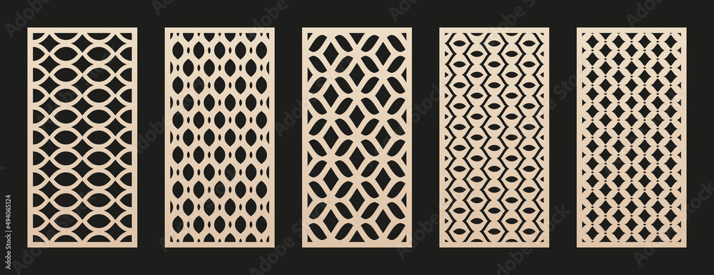Aufkleber Vector laser cut templates set. Modern abstract geometric panels with mesh, grid, lattice patterns. Oriental style ornaments. Template for cnc cutting of metal, wood, plastic, paper. Aspect ratio 1:2