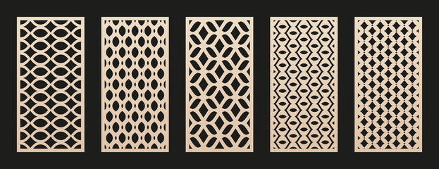 Vector laser cut templates set. Modern abstract geometric panels with mesh, grid, lattice patterns. Oriental style ornaments. Template for cnc cutting of metal, wood, plastic, paper. Aspect ratio 1:2