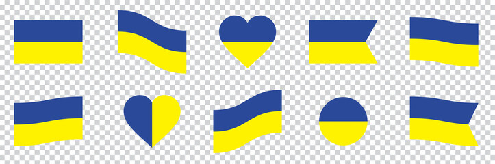 Ukraine flag set. Ukraina map on a transparent background. Ukrainian flag with a Pray for Ukraine concept icon. Vector illustration. - obrazy, fototapety, plakaty