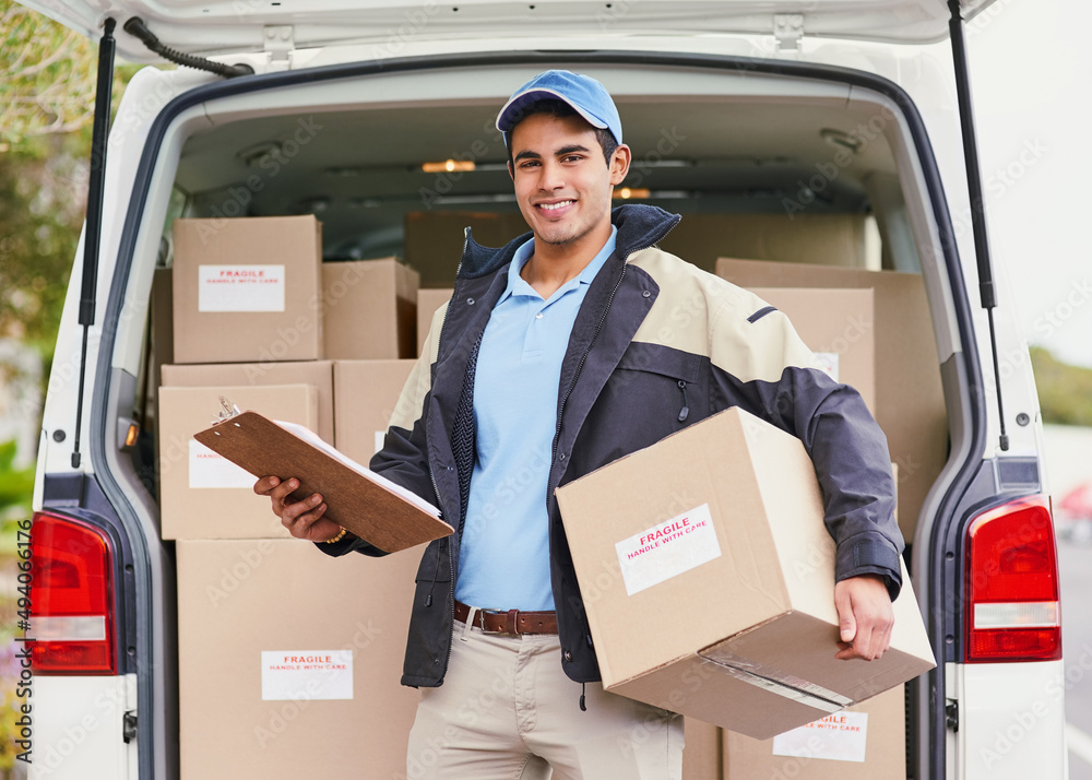 Aufkleber My deliveries are all running on schedule. Portrait of a delivery man unloading boxes from his van.