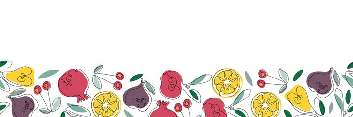 Seamless fruit border. Frame with fruits. Lemon, apple fruit, Pear, fig, pomegranate,cherry isolated. Summer tropical background. For poster, banner, cover, invitation For text, save date, photo.