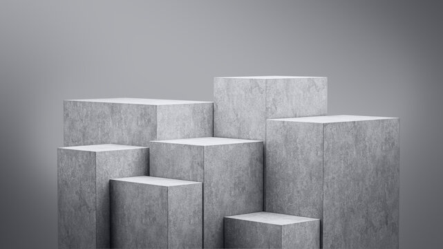 3D rendering of a spotlight directed onto seven podiums of different heights with a gray background