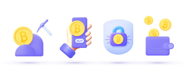 Bitcoin for mobile app design 3D. Digital electronic currency. Crypto currency, crypto currency coin. Digital bank. Bitcoin exchange. Online banking. 3d Vector Illustration