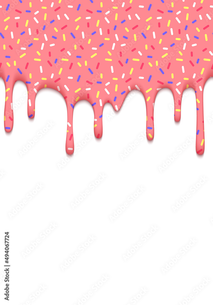 Poster vector illustration of dripping pink glaze with colorful sprinkles isolated on white. abstract 3d fo