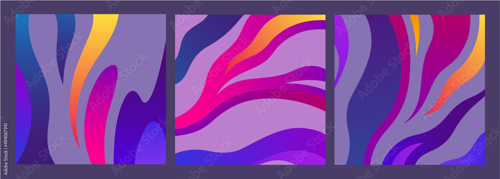Aufkleber Wavy Flow Backgrounds Set. Vector Colorful Dynamic Bg with Gradient
